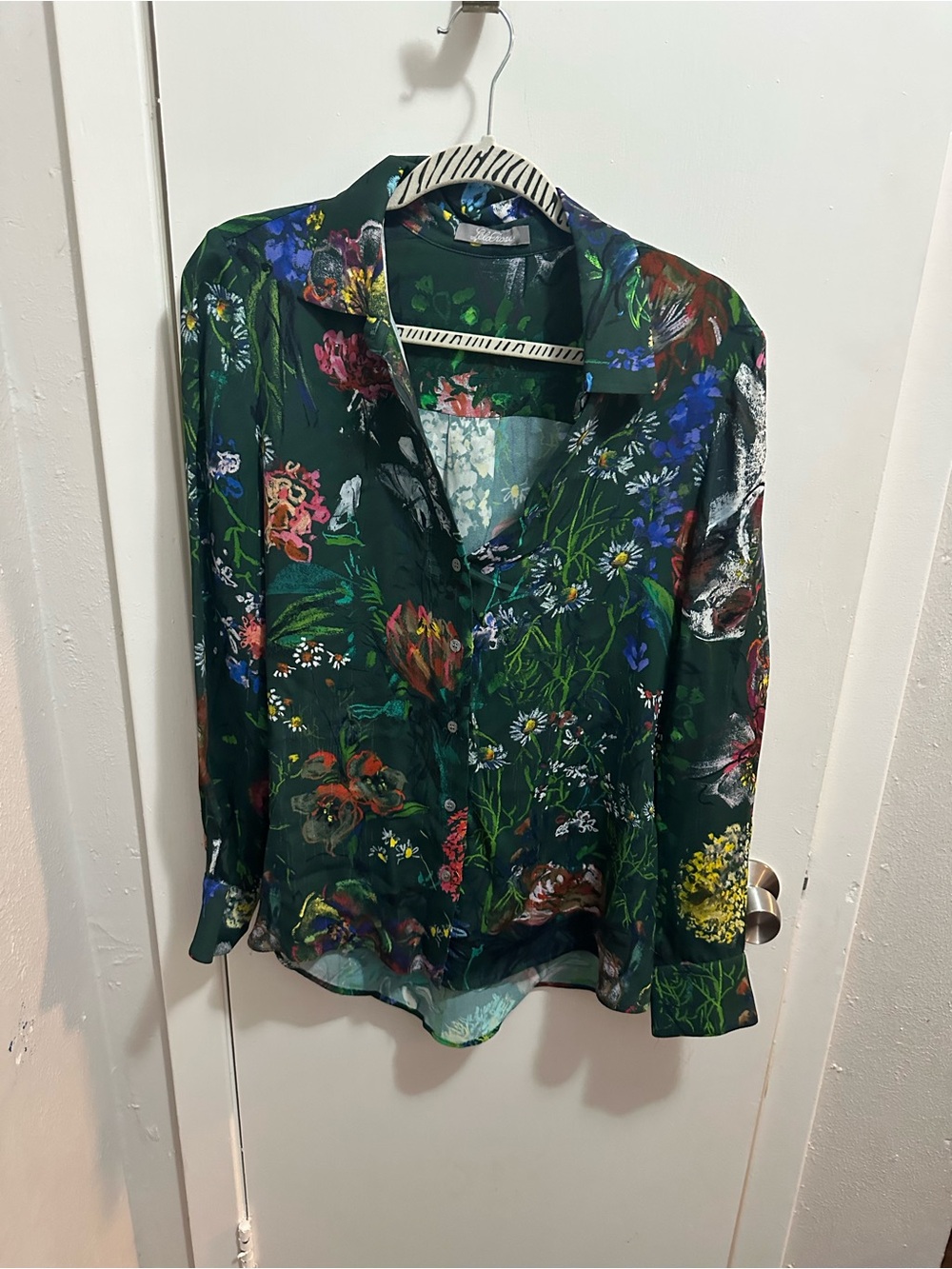 Lela Rose Dark Green Floral Silk Button-Down Blouse